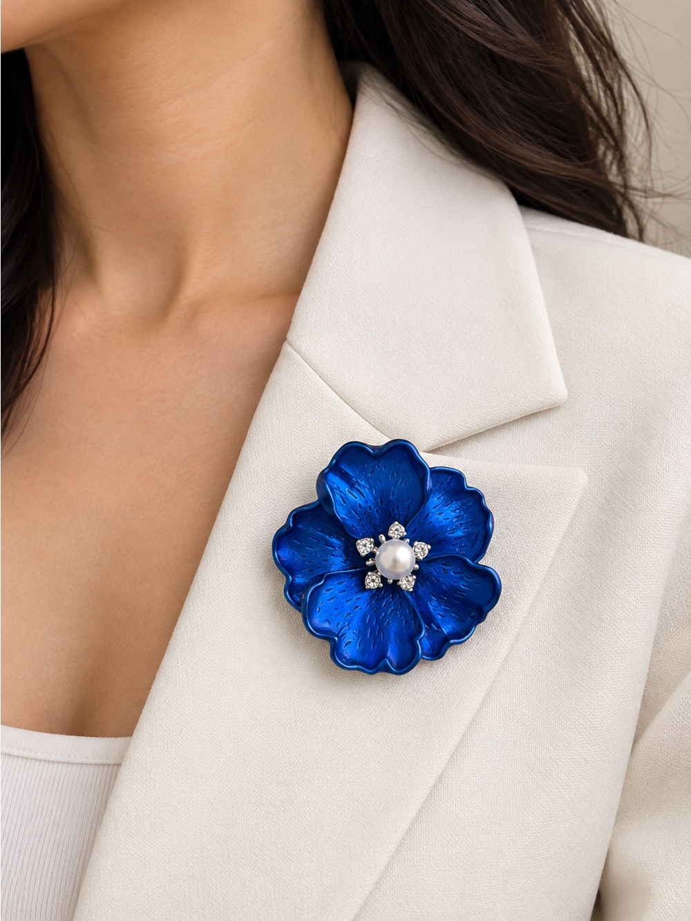 Navy Blue Floral Pearl Brooch